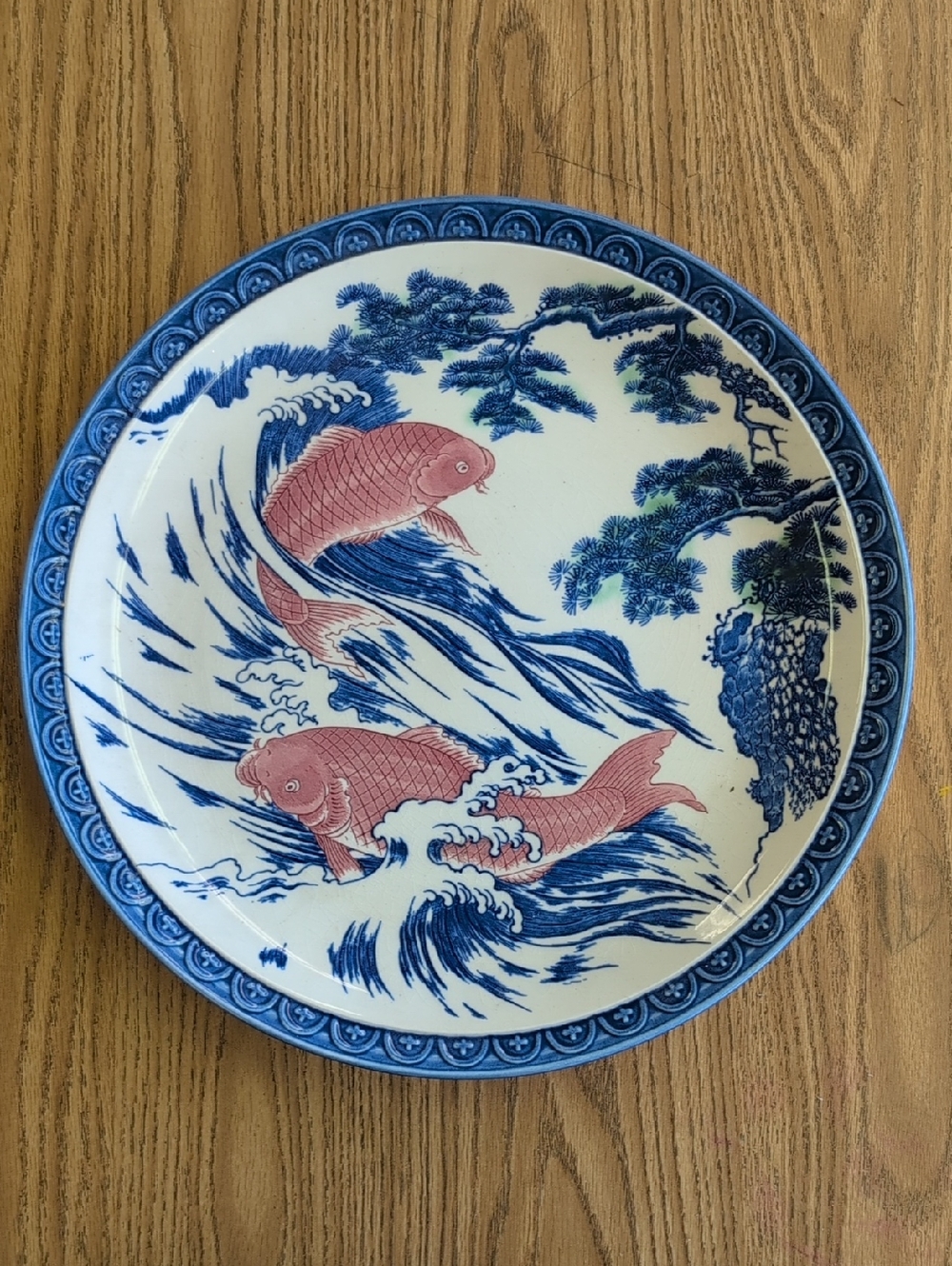 Blue and Red Koi Wave Decorative Plate